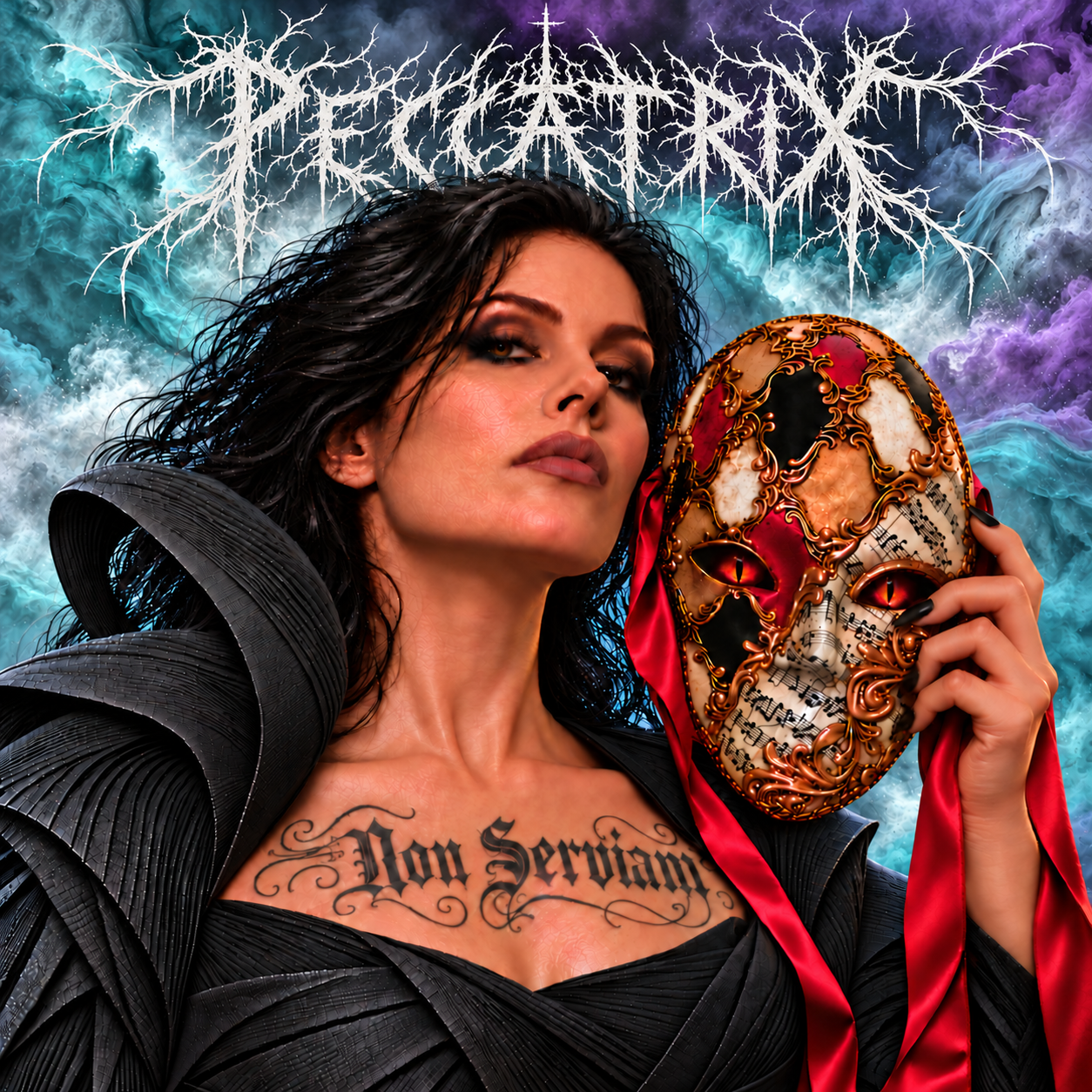 Non Serviam album cover: a defiant woman holding an ornate mask with crimson ribbons, beneath the thorned Peccatrix logo against teal and violet clouds.